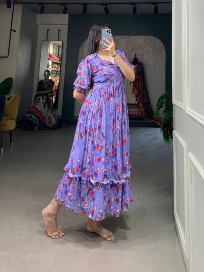 Lavender Digital Printed Georgette Event Wear Dresses