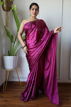 Magenta Poly Crepe Siroshki Diamond Saree