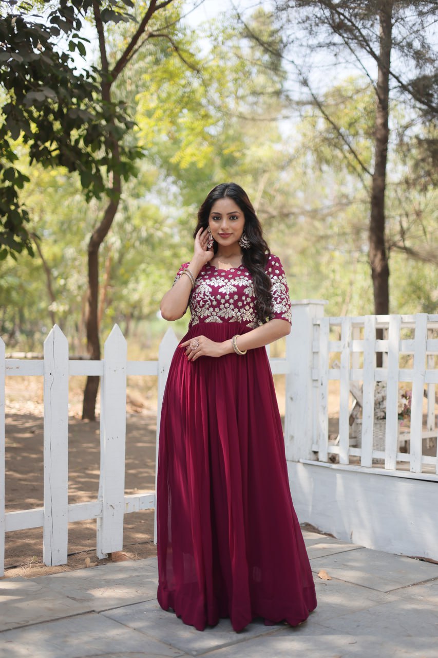 Maroon Color party wear Anarkali Gown