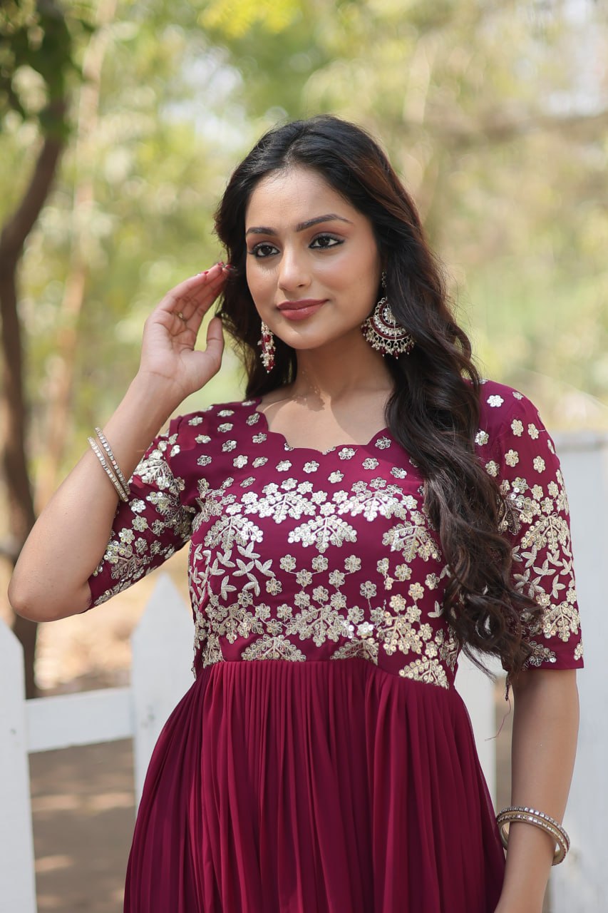 Maroon Color party wear Anarkali Gown