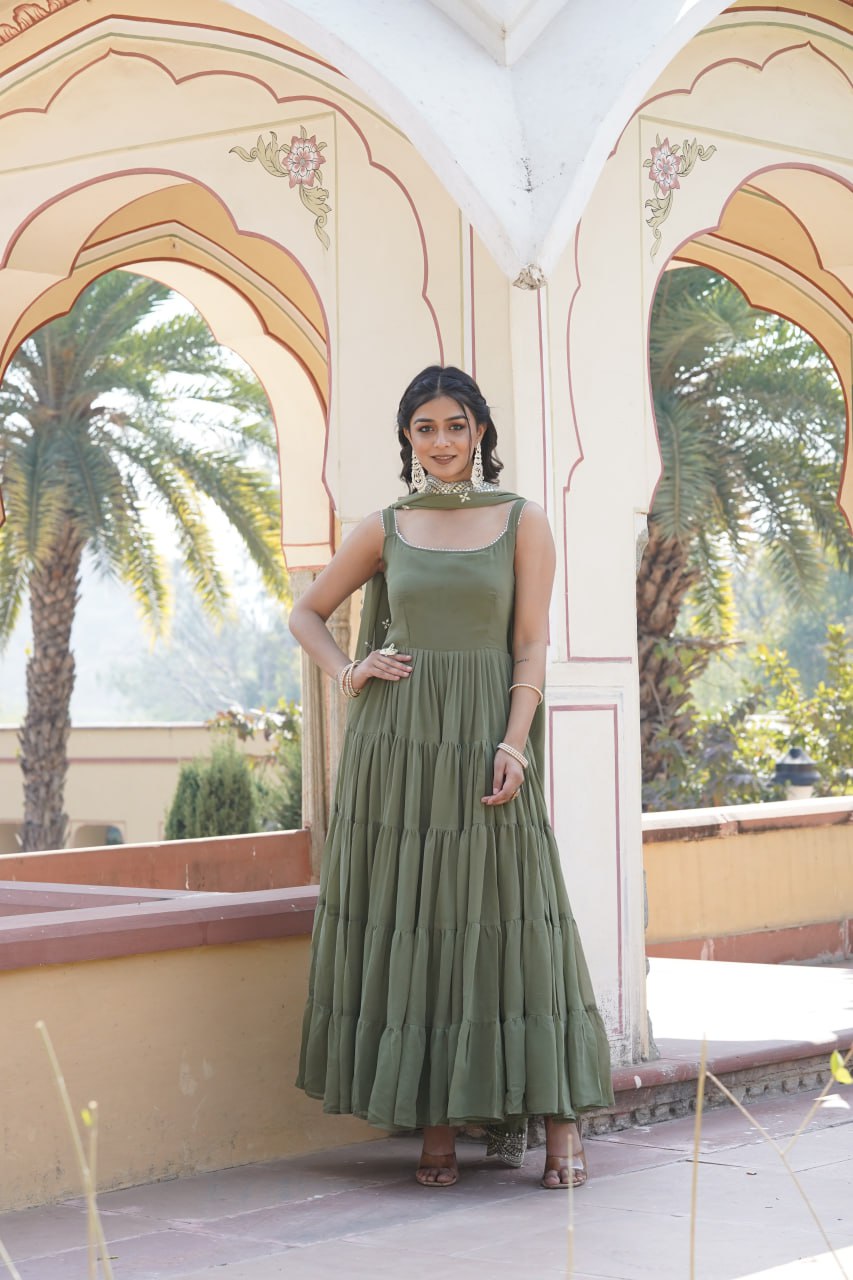 Mehndi Color Fox Georgette Party Wear Gown
