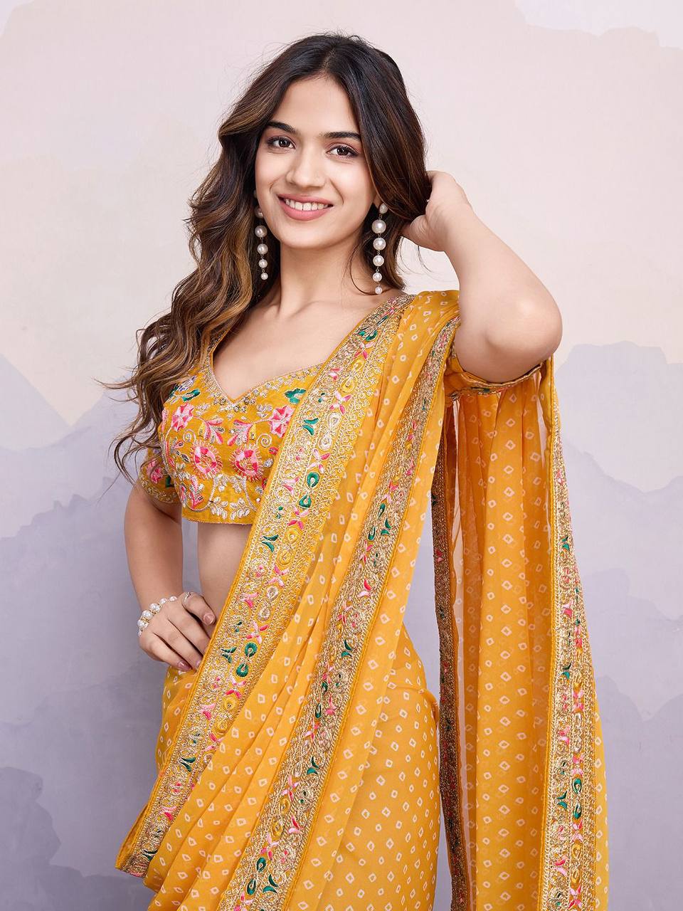 Mustard Georgette Digital Print Banglory Blouse Saree