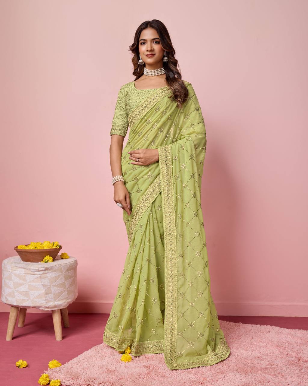 Olive Green Color Georgette party Wear Saree