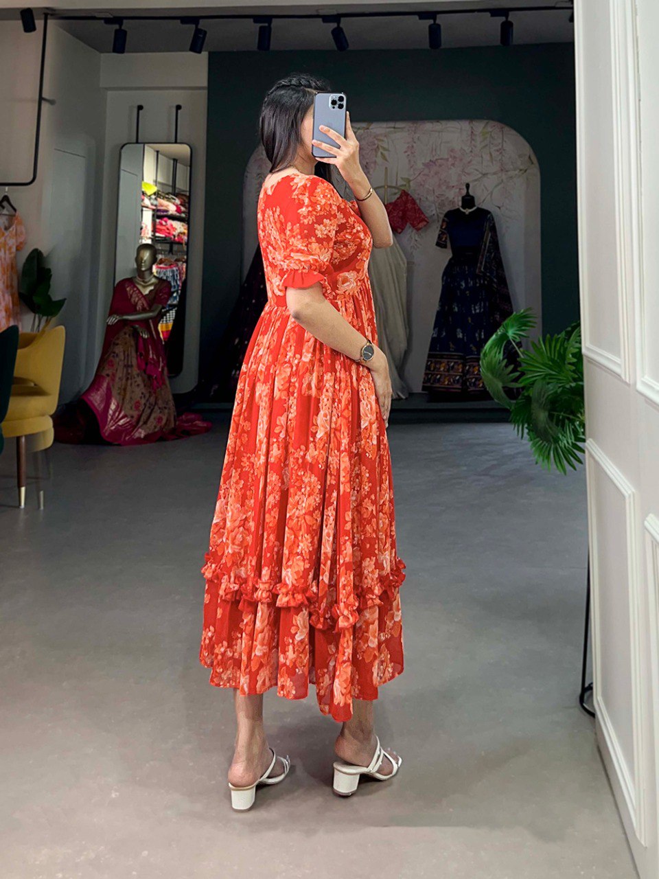 Orange Color Floral Print Georgette Stylist Dress