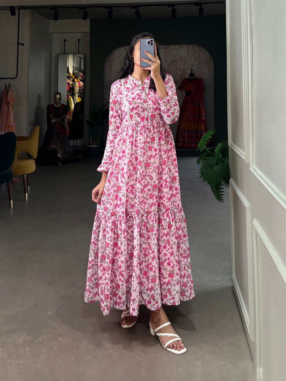 New Pink Color Floral Print Gown