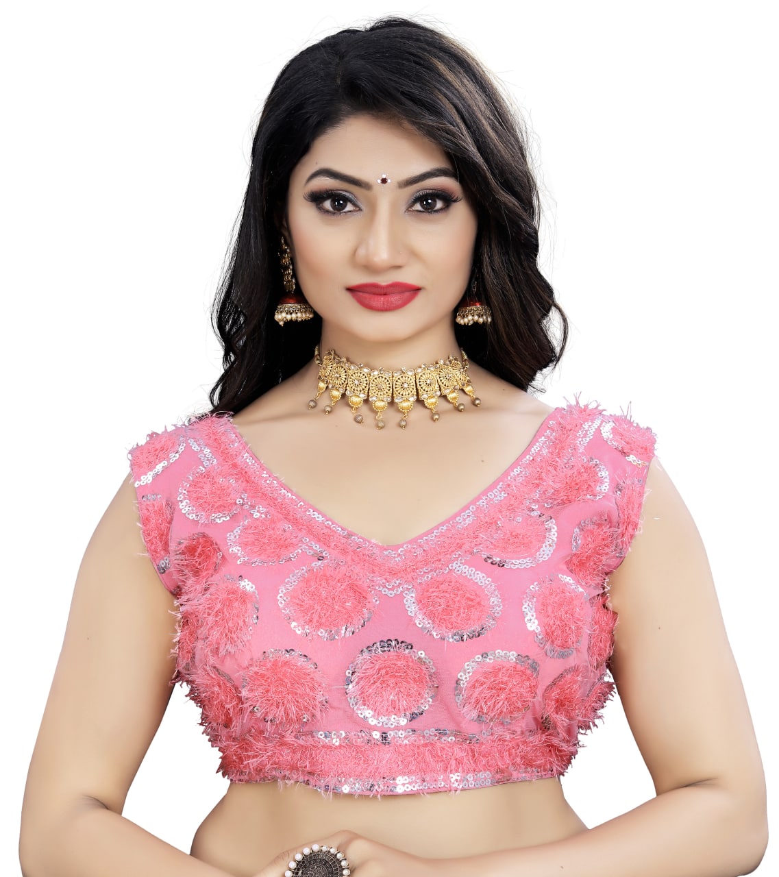 Pink Color Nylon Net Sequence Work Stitched Blouse