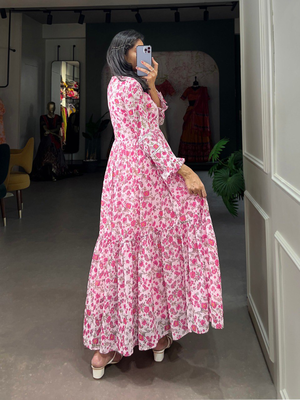 New Pink Color Floral Print Gown