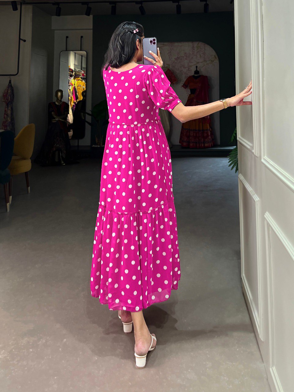 Amazing Pink Color Georgette Polka Dot Print Gown