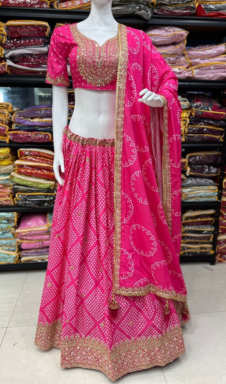 Pink Maslin Silk Lehenga with Digital Print & Embroidery