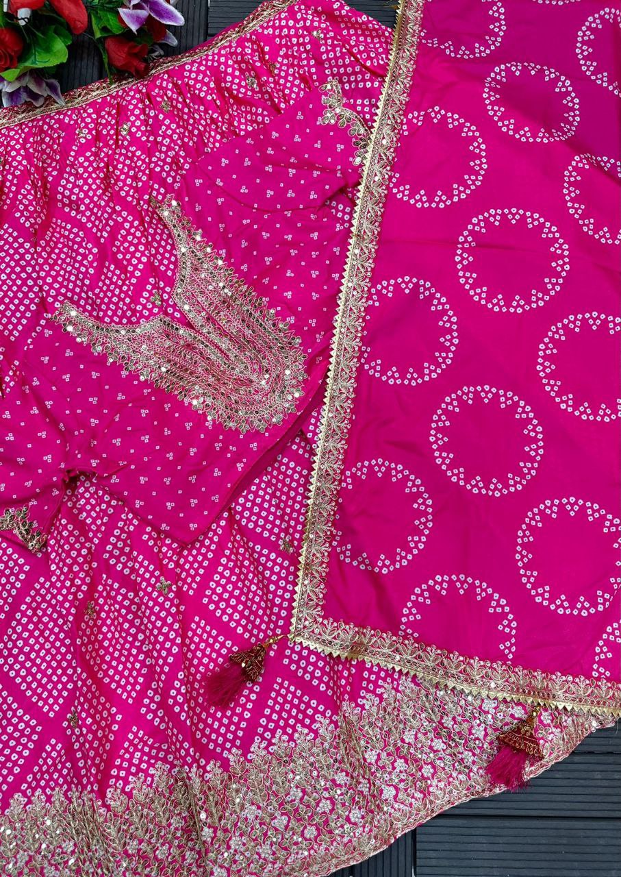 Pink Maslin Silk Lehenga with Digital Print & Embroidery