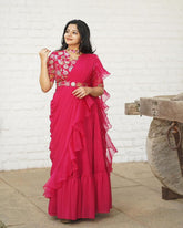 Pink Georgette Ready-to-Wear Saree with Embroidered Blouse & Belt