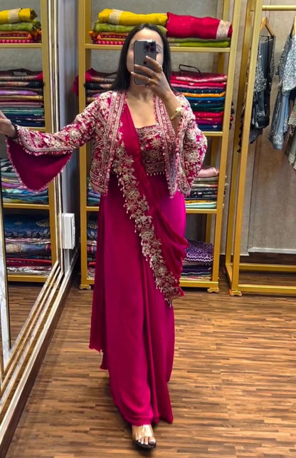 Elegant Pink Embroidered Chinon Saree with Jacket