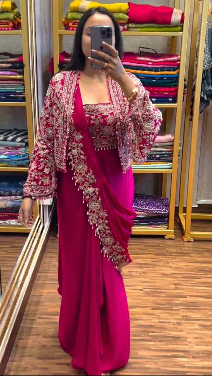 Pink Heavy Satin Saree with Embroidered Jacket & Blouse Set