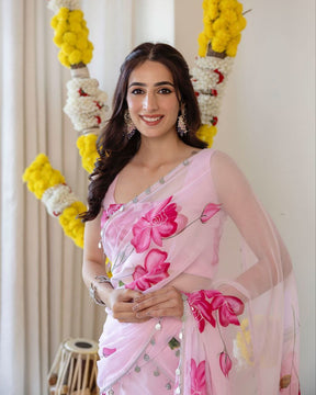 Elegant Pink Georgette Saree with Embroidered Dupatta & Blouse