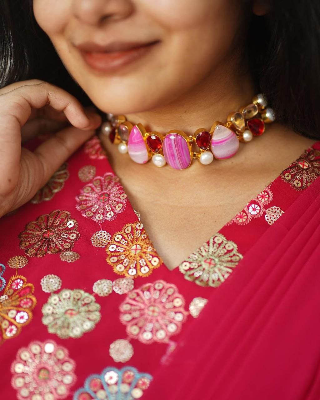 Pink Georgette Ready-to-Wear Saree with Embroidered Blouse & Belt