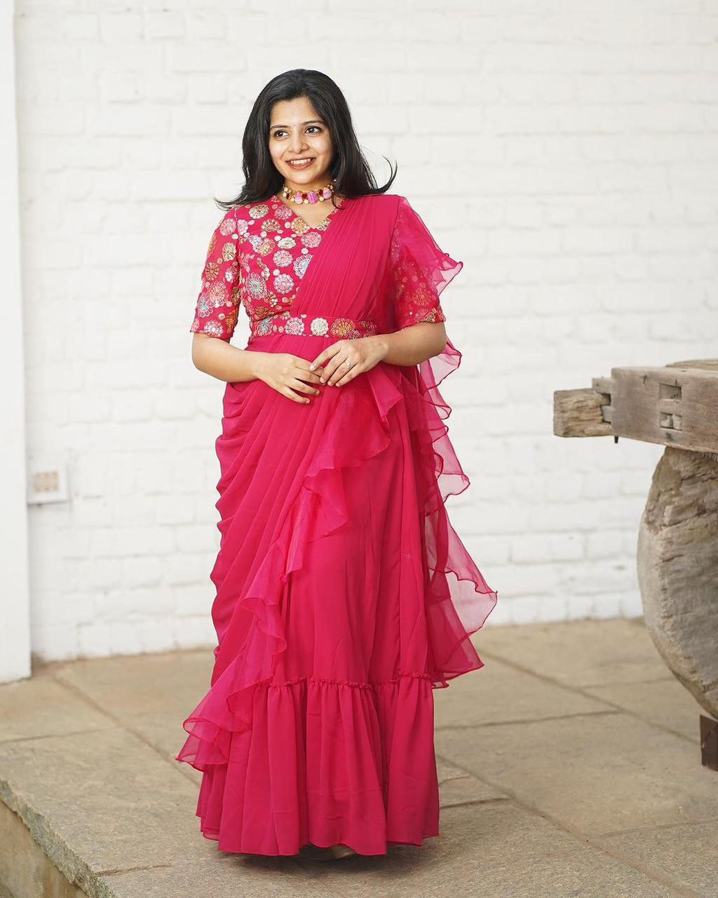 Pink Georgette Ready-to-Wear Saree with Embroidered Blouse & Belt