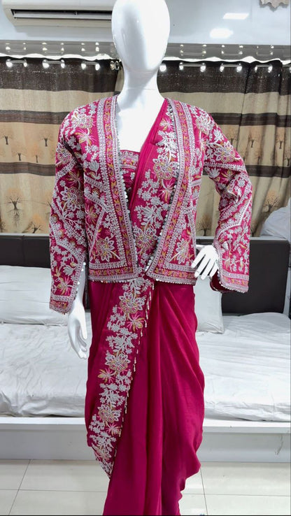 Elegant Pink Embroidered Chinon Saree with Jacket