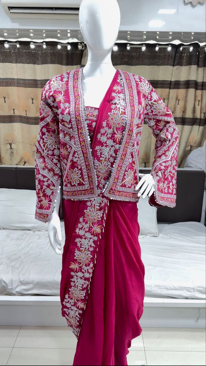 Pink Heavy Satin Saree with Embroidered Jacket & Blouse Set