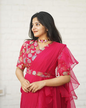 Pink Georgette Ready-to-Wear Saree with Embroidered Blouse & Belt