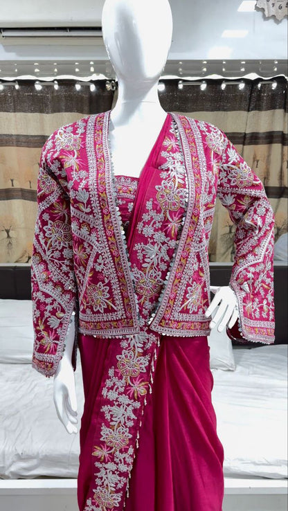 Elegant Pink Embroidered Chinon Saree with Jacket