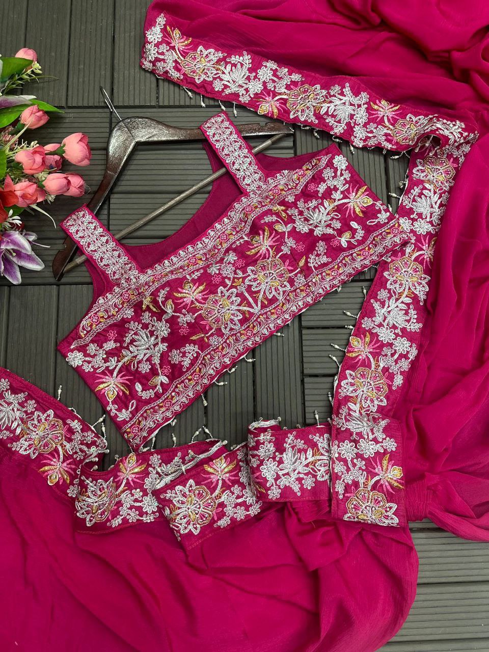 Pink Heavy Satin Saree with Embroidered Jacket & Blouse Set