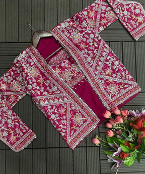 Pink Heavy Satin Saree with Embroidered Jacket & Blouse Set