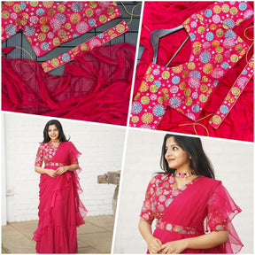 Pink Georgette Ready-to-Wear Saree with Embroidered Blouse & Belt