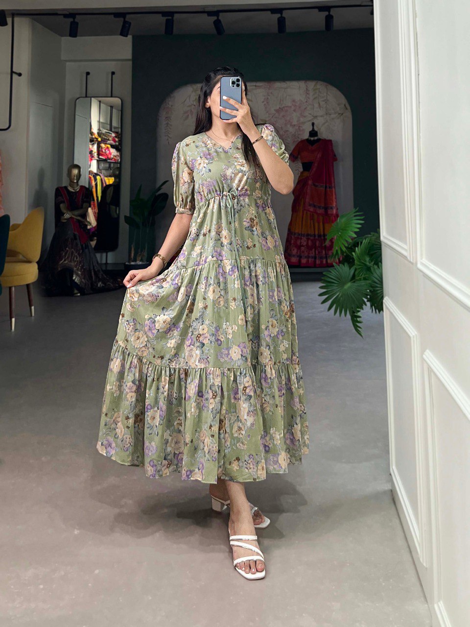 Designer Pista green Color Floral Print Gown