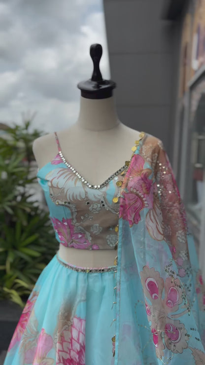 Designer Party Wear Lehenga Choli – Sky Blue Pure Organza | Vastraan