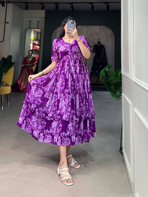 Purple Color Floral Print Georgette Stylist Dress