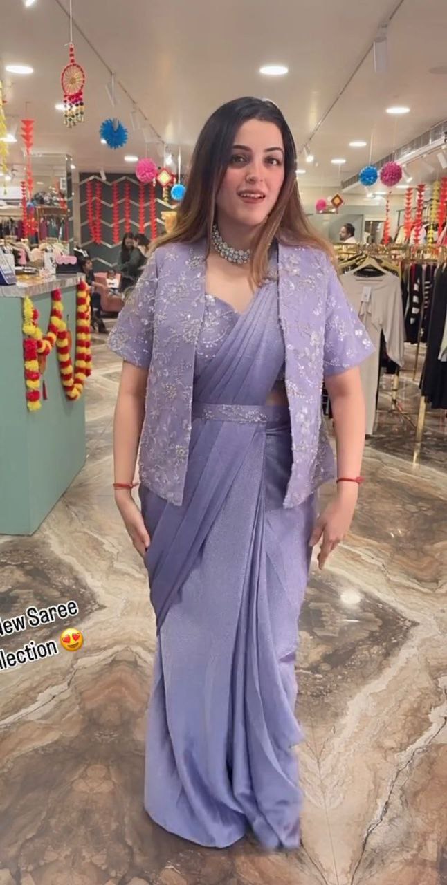 New Purple Heavy Satin Saree with Embroidered Jacket & Belt