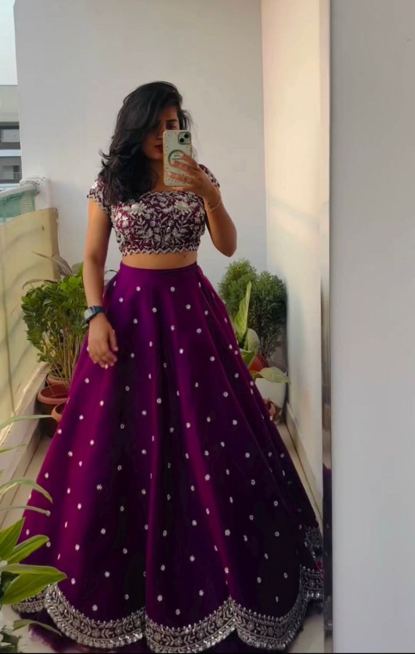 Purple Embroidered Lehenga Set with Dupatta & Blouse