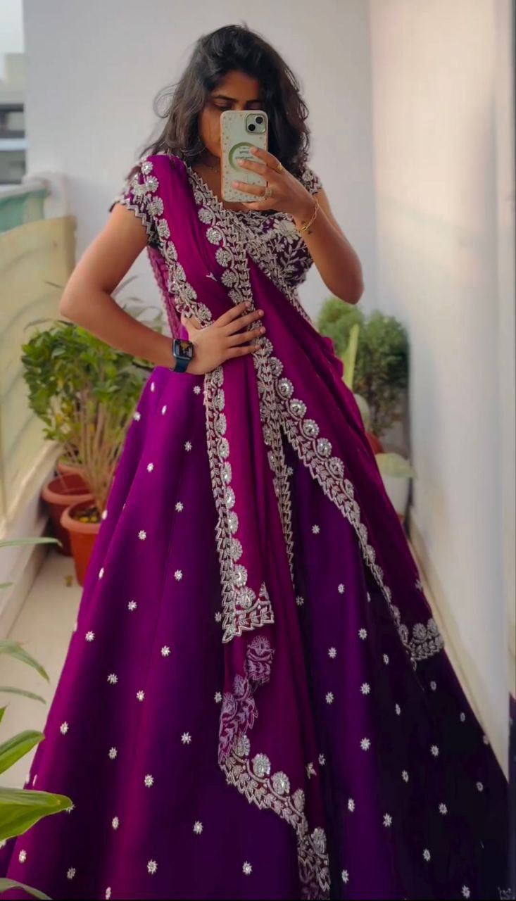 Purple Embroidered Lehenga Set with Dupatta & Blouse