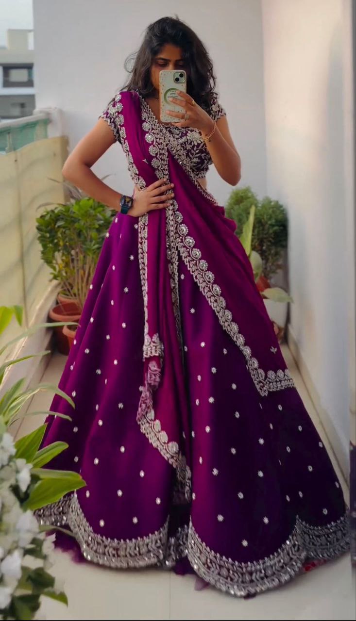 Purple Embroidered Lehenga Set with Dupatta & Blouse