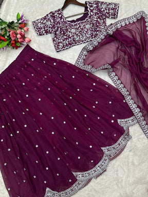 Purple Embroidered Lehenga Set with Dupatta & Blouse