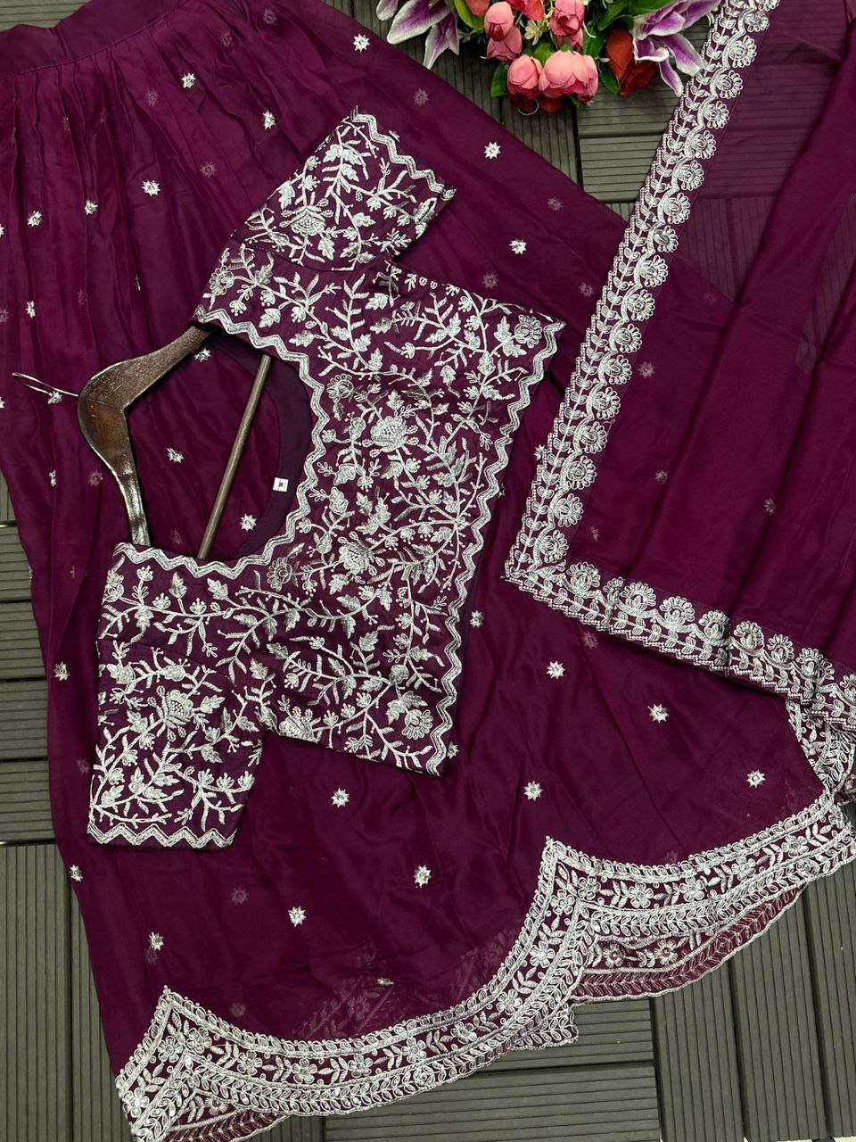 Purple Embroidered Lehenga Set with Dupatta & Blouse