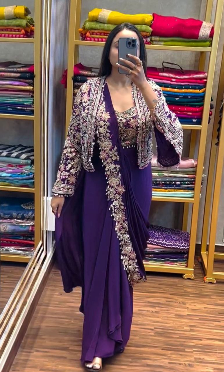 Purple Heavy Satin Saree with Embroidered Jacket & Blouse Set