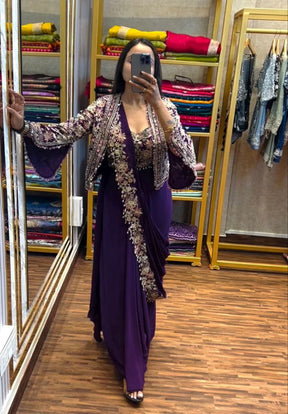 Purple Heavy Satin Saree with Embroidered Jacket & Blouse Set