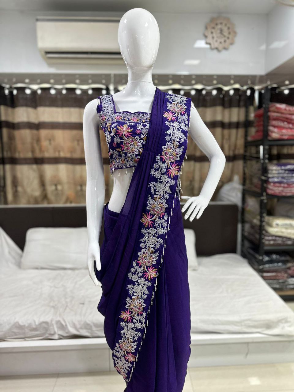 Purple Heavy Satin Saree with Embroidered Jacket & Blouse Set