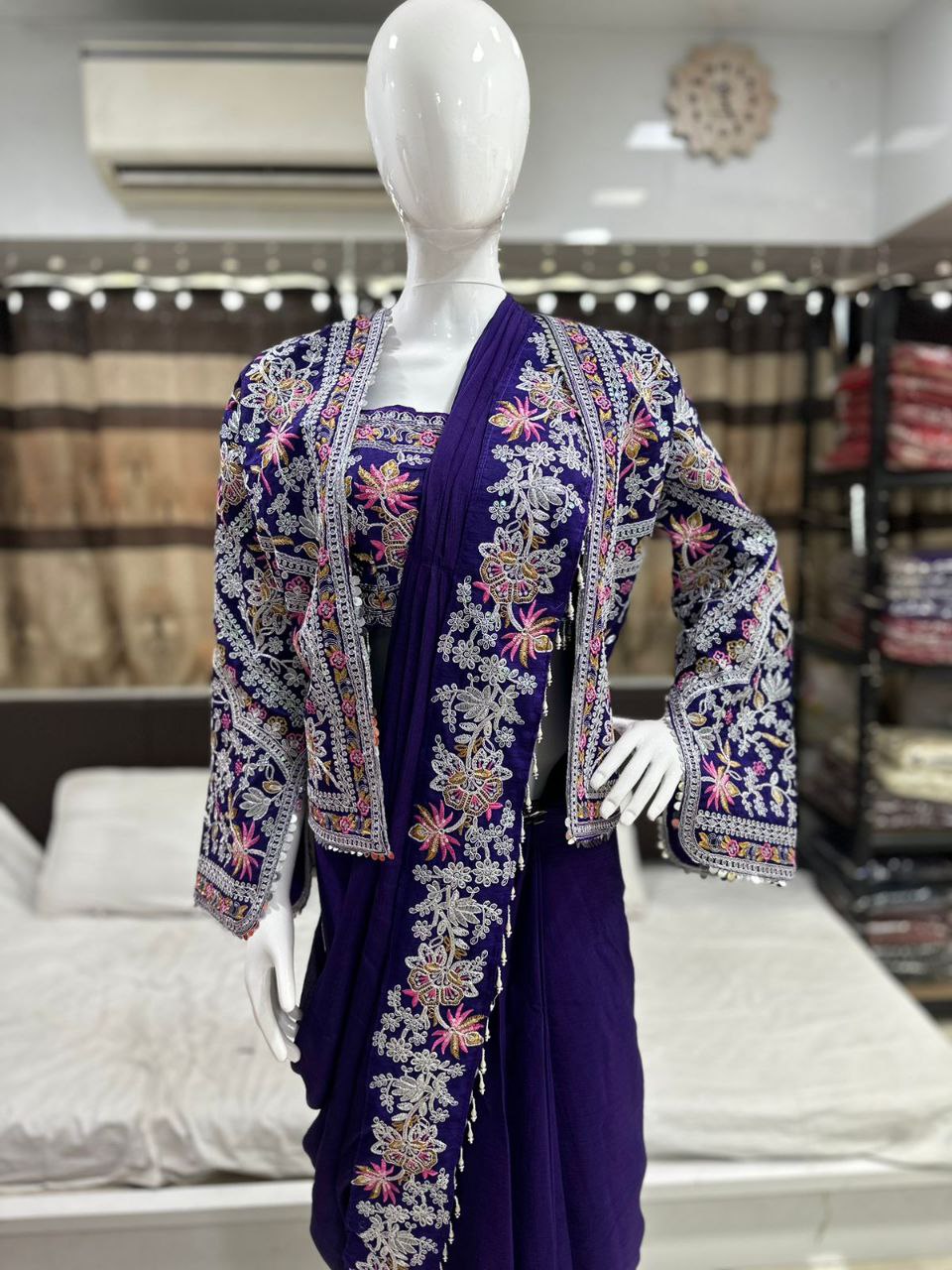 Purple Heavy Satin Saree with Embroidered Jacket & Blouse Set