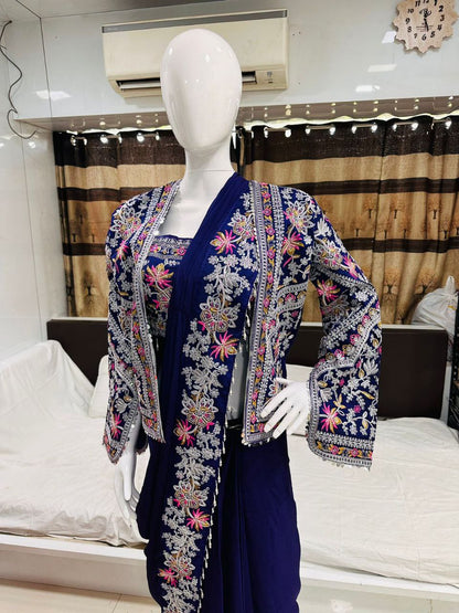 Elegant Purple Embroidered Chinon Saree with Jacket