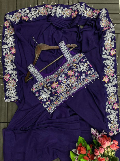 Elegant Purple Embroidered Chinon Saree with Jacket