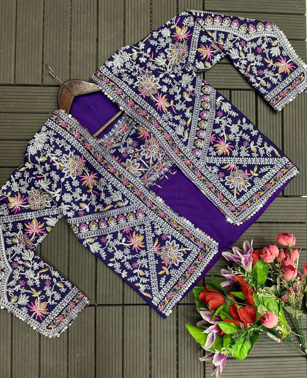 Purple Heavy Satin Saree with Embroidered Jacket & Blouse Set