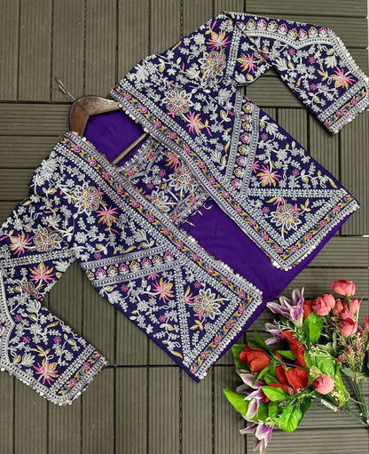 Elegant Purple Embroidered Chinon Saree with Jacket