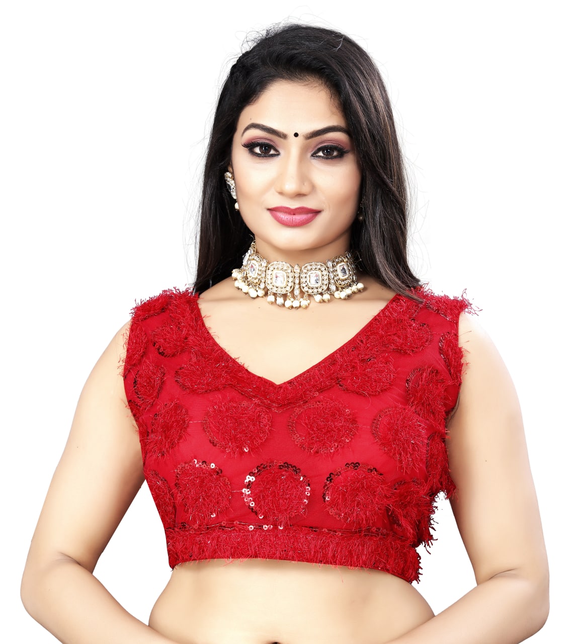 Red Color Nylon Net Sequence Work Stitched Blouse