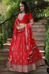 Red Maslin Silk Lehenga with Digital Print & Embroidery