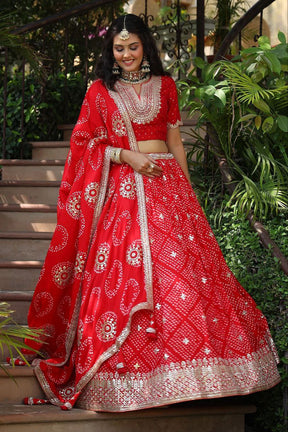 Red Maslin Silk Lehenga with Digital Print & Embroidery