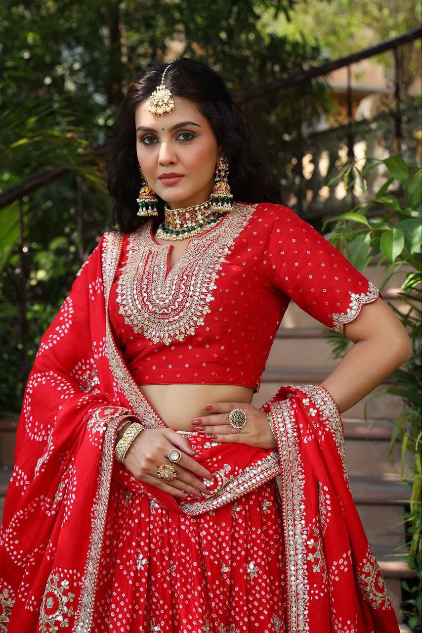 Red Maslin Silk Lehenga with Digital Print & Embroidery