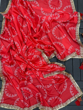 Red Maslin Silk Lehenga with Digital Print & Embroidery