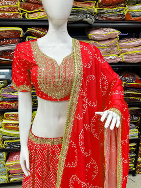 Red Maslin Silk Lehenga with Digital Print & Embroidery